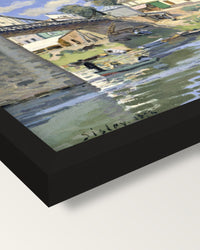 Bridge at Villeneuve by Sisley framed print, corner close-up: black moulding, mitred, the print set just below its edge