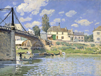 The Bridge at Villeneuve-la-Garenne by Sisley: a suspension bridge over the blue Seine, white houses and trees, boats