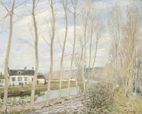 The Canal du Loing by Alfred Sisley: a quiet canal lined with tall bare poplars, a white house and a wide pale sky