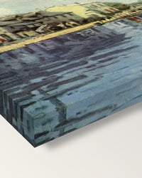 The Canal Saint-Martin by Alfred Sisley on stretched canvas, corner close-up: the painting mirror-wrapped round the sides