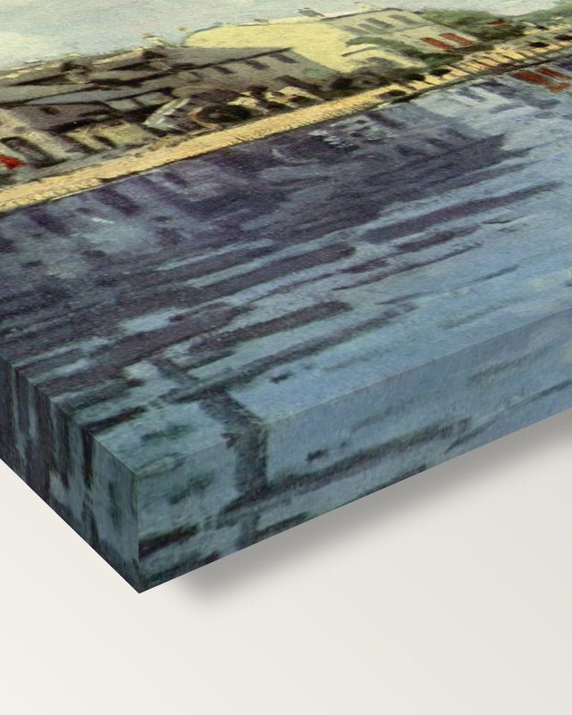 The Canal Saint-Martin by Alfred Sisley on stretched canvas, corner close-up: the painting mirror-wrapped round the sides