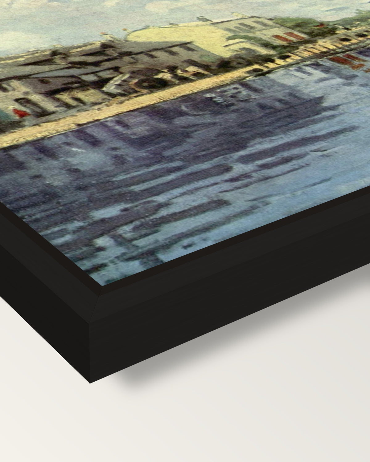 The Canal Saint-Martin by Sisley framed canvas, corner close-up: a black floating frame with a shadow gap round the canvas