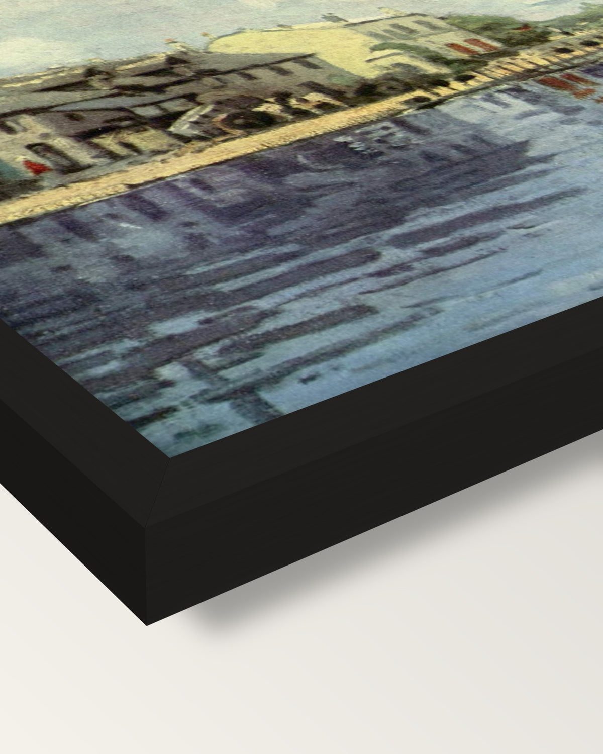 The Canal Saint-Martin by Sisley framed print, corner close-up: black moulding, mitred, the print set just below its edge