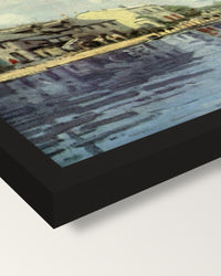 The Canal Saint-Martin by Sisley framed print, corner close-up: black moulding, mitred, the print set just below its edge