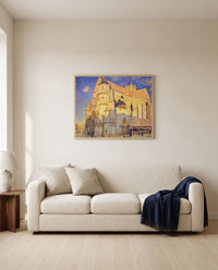 Church at Moret by Alfred Sisley framed in natural oak above a cream sofa in a warm living room