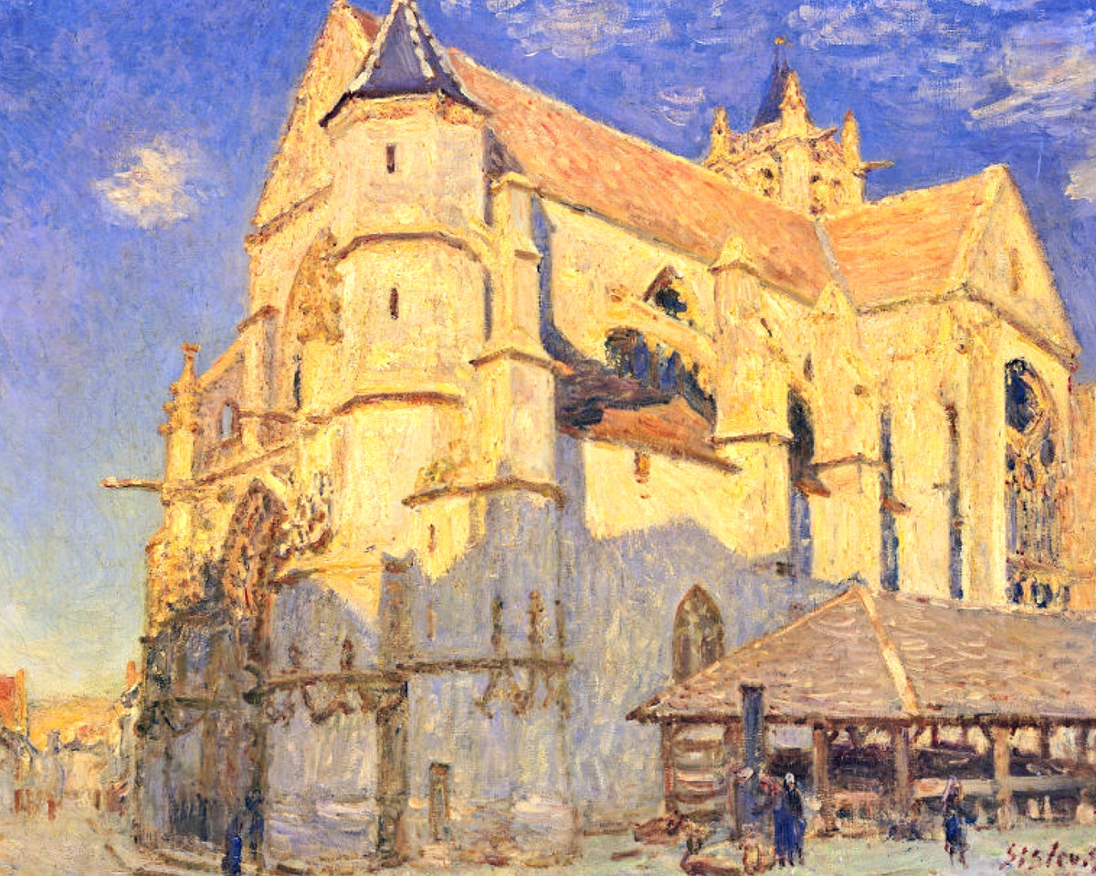 The Church at Moret in the Morning Sun by Sisley: a Gothic church front glowing gold and pink in morning sun, blue sky