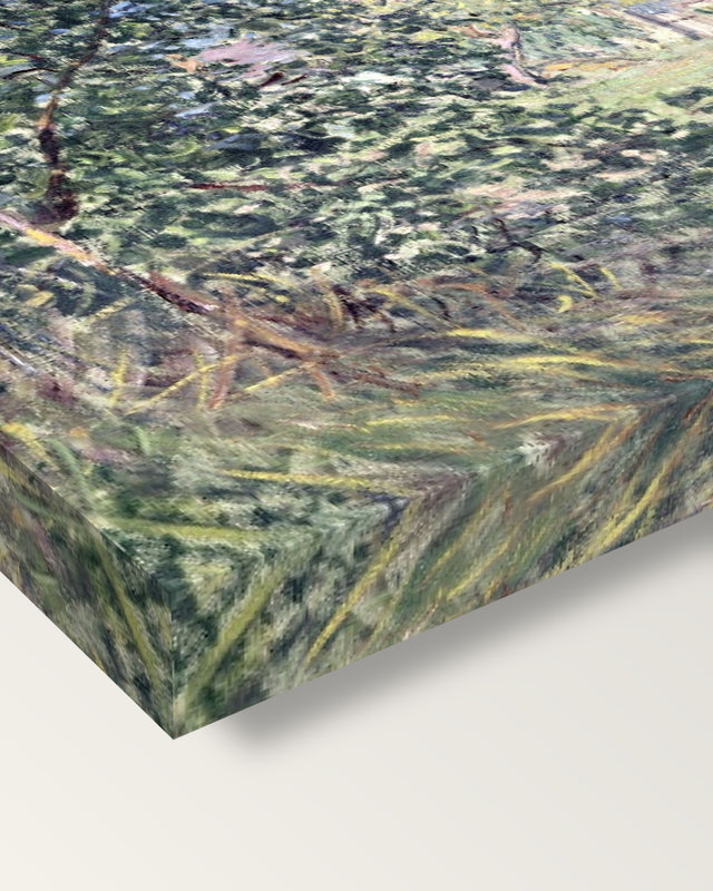 Forest Edge in Spring by Alfred Sisley on stretched canvas, corner close-up: the painting mirror-wrapped round the sides