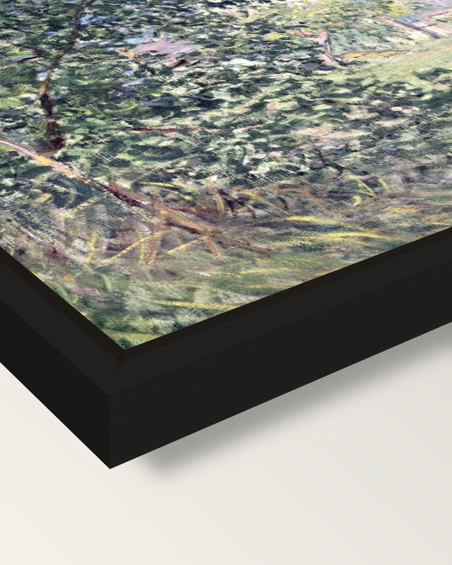 Forest Edge in Spring by Sisley framed canvas, corner close-up: a black floating frame with a shadow gap round the canvas