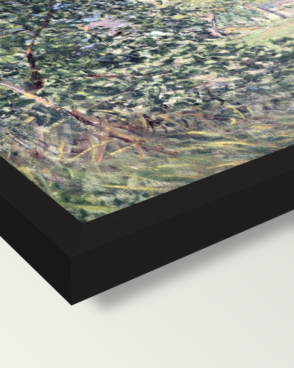 Forest Edge in Spring by Sisley framed print, corner close-up: black moulding, mitred, the print set just below its edge
