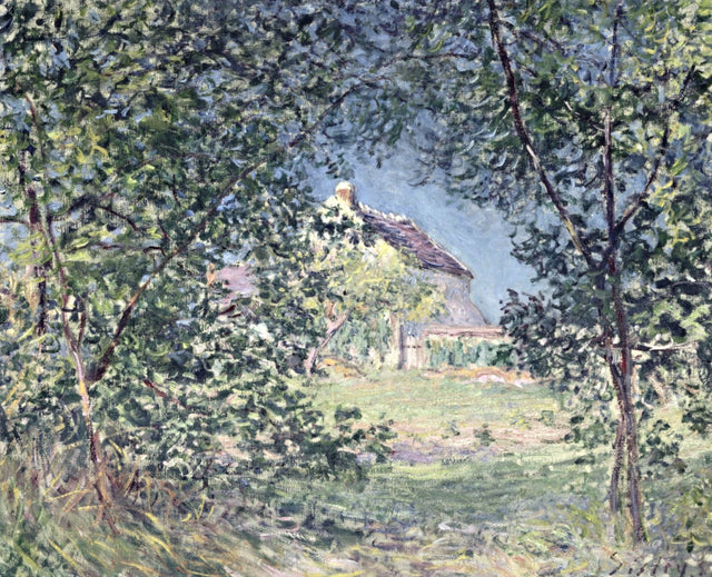 The Edge of the Forest in Spring by Sisley: fresh green trees and bushes at the edge of a wood, a house roof behind