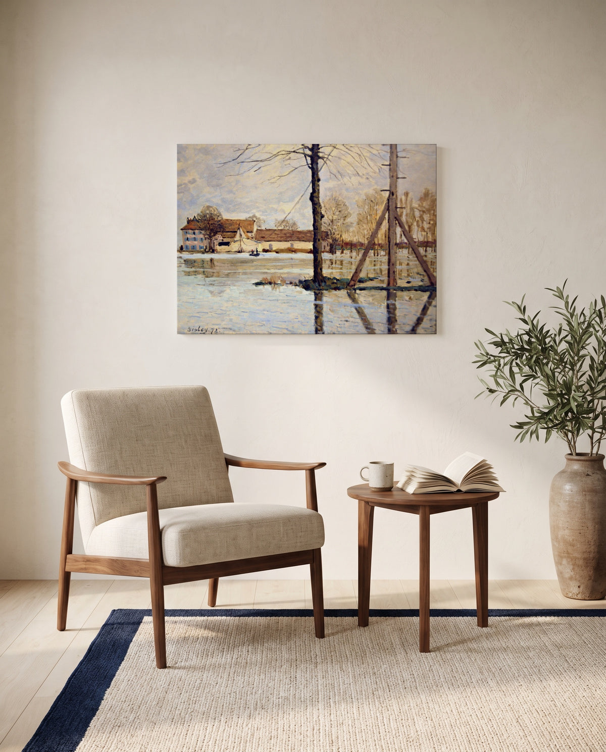 Ferry of Île de la Loge by Alfred Sisley as a stretched canvas above a linen lounge chair in a reading corner