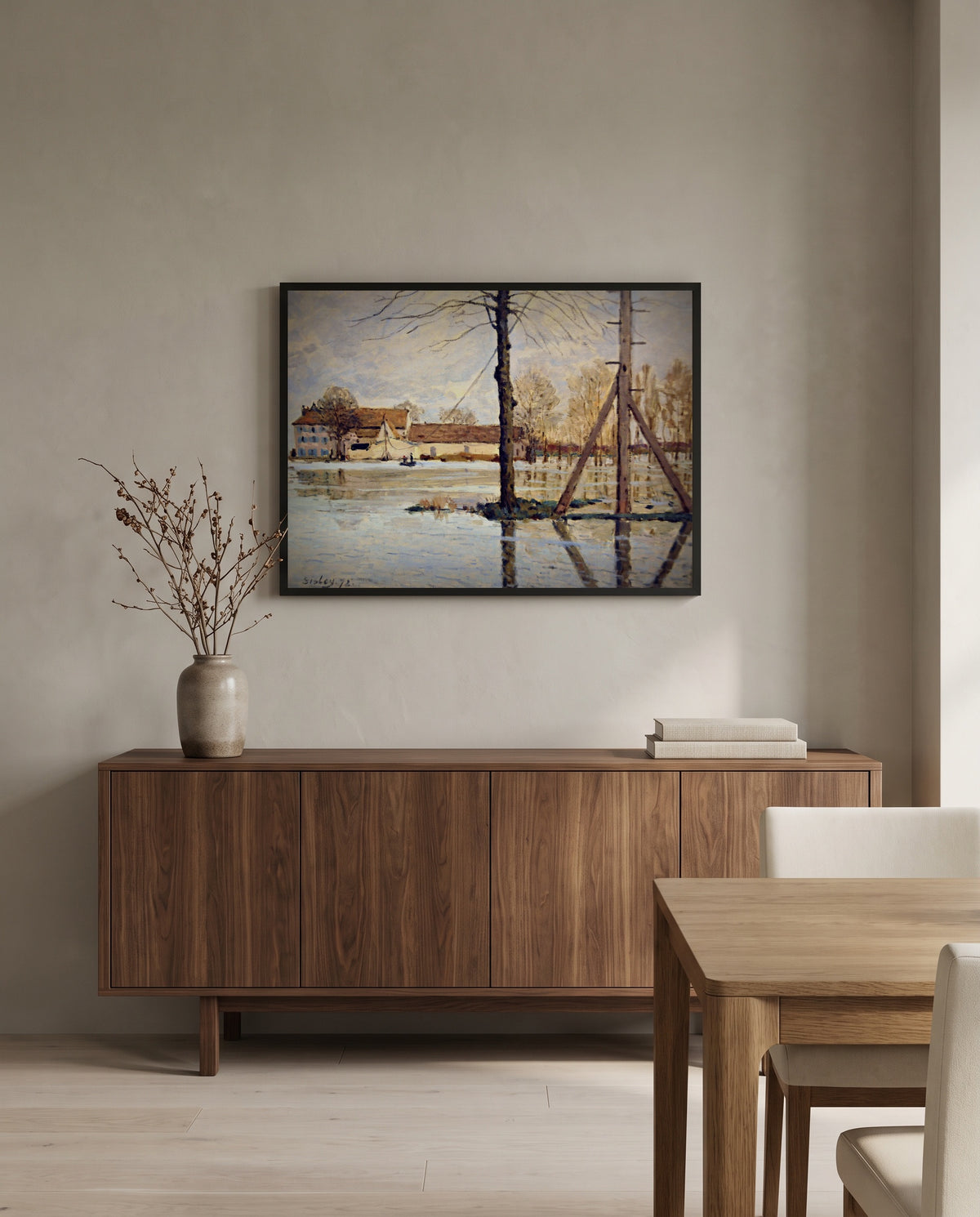 Ferry of Île de la Loge by Alfred Sisley in a black frame above a walnut sideboard in a dining room