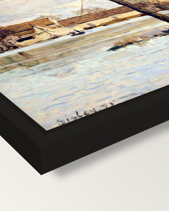 Ferry of Île de la Loge by Sisley framed canvas, corner close-up: a black floating frame with a shadow gap round the canvas