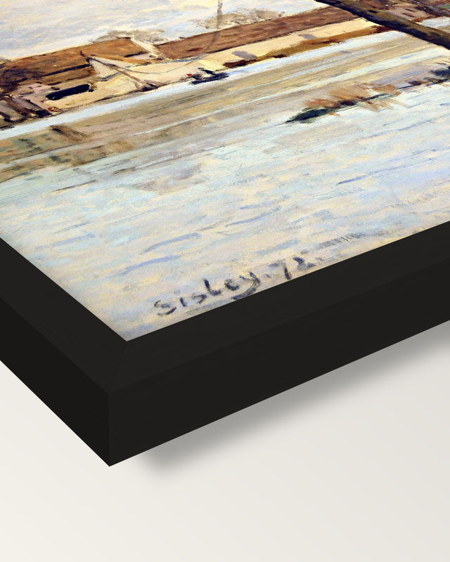 Ferry of Île de la Loge by Sisley framed print, corner close-up: black moulding, mitred, the print set just below its edge
