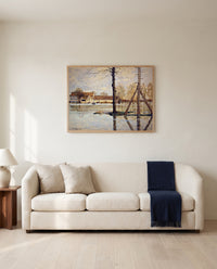 Ferry of Île de la Loge by Alfred Sisley framed in natural oak above a cream sofa in a warm living room