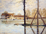 The Ferry of the Île de la Loge, Flood by Sisley: a flooded river, bare trees and posts in the water, a long house beyond