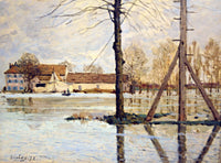 The Ferry of the Île de la Loge, Flood by Sisley: a flooded river, bare trees and posts in the water, a long house beyond