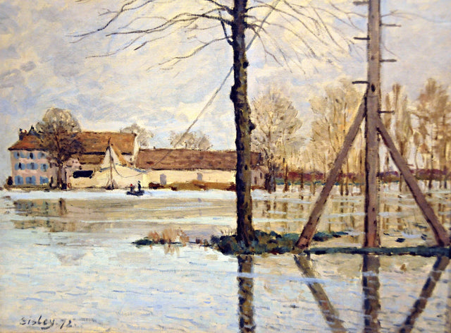 The Ferry of the Île de la Loge, Flood by Sisley: a flooded river, bare trees and posts in the water, a long house beyond