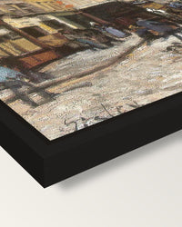 Grand-Rue in Argenteuil by Sisley framed canvas, corner close-up: a black floating frame with a shadow gap round the canvas