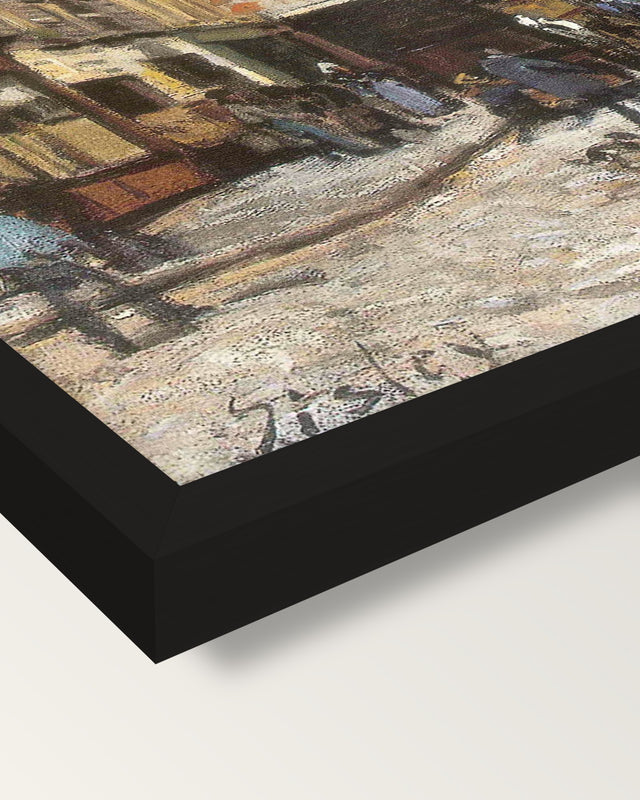 Grand-Rue in Argenteuil by Sisley framed print, corner close-up: black moulding, mitred, the print set just below its edge