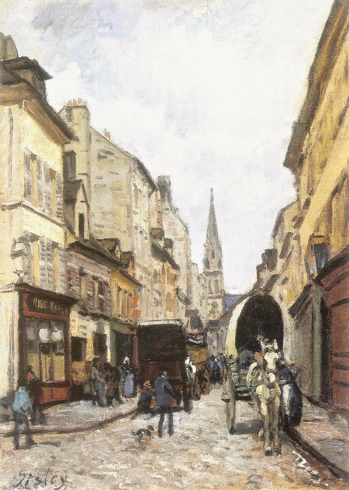 The Grand-Rue in Argenteuil by Sisley: a narrow street of tall cream houses, people, a white horse and cart, a church spire