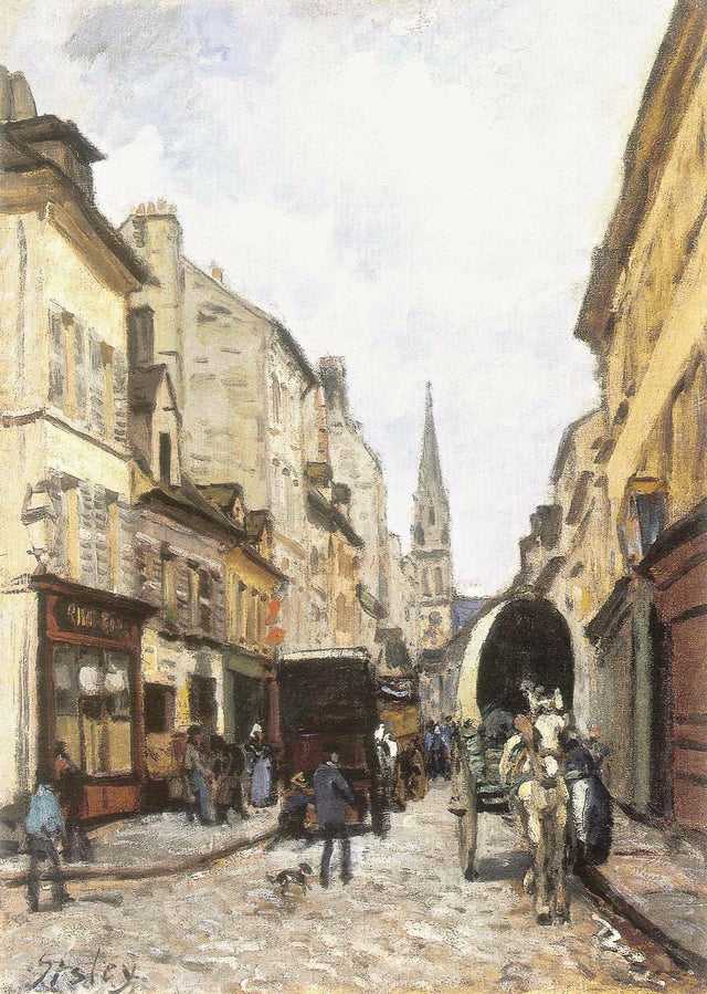 The Grand-Rue in Argenteuil by Sisley: a narrow street of tall cream houses, people, a white horse and cart, a church spire