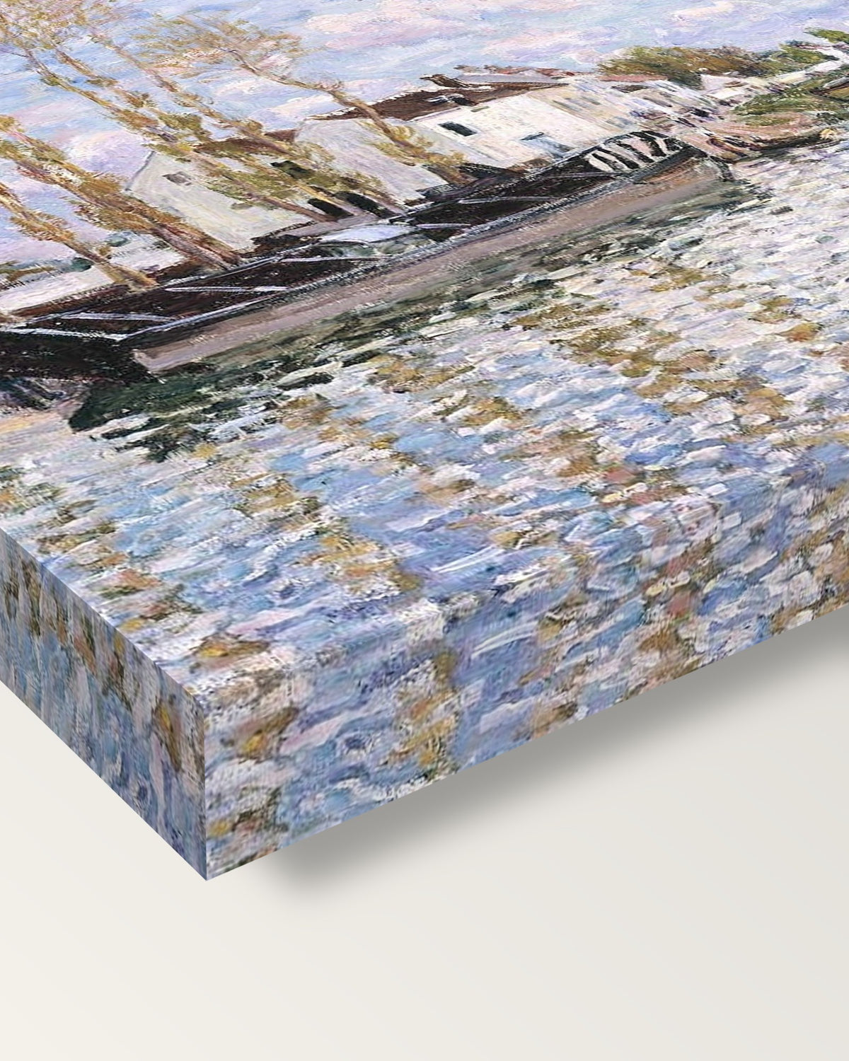 Loing at Saint-Mammès by Alfred Sisley on stretched canvas, corner close-up: the painting mirror-wrapped round the sides