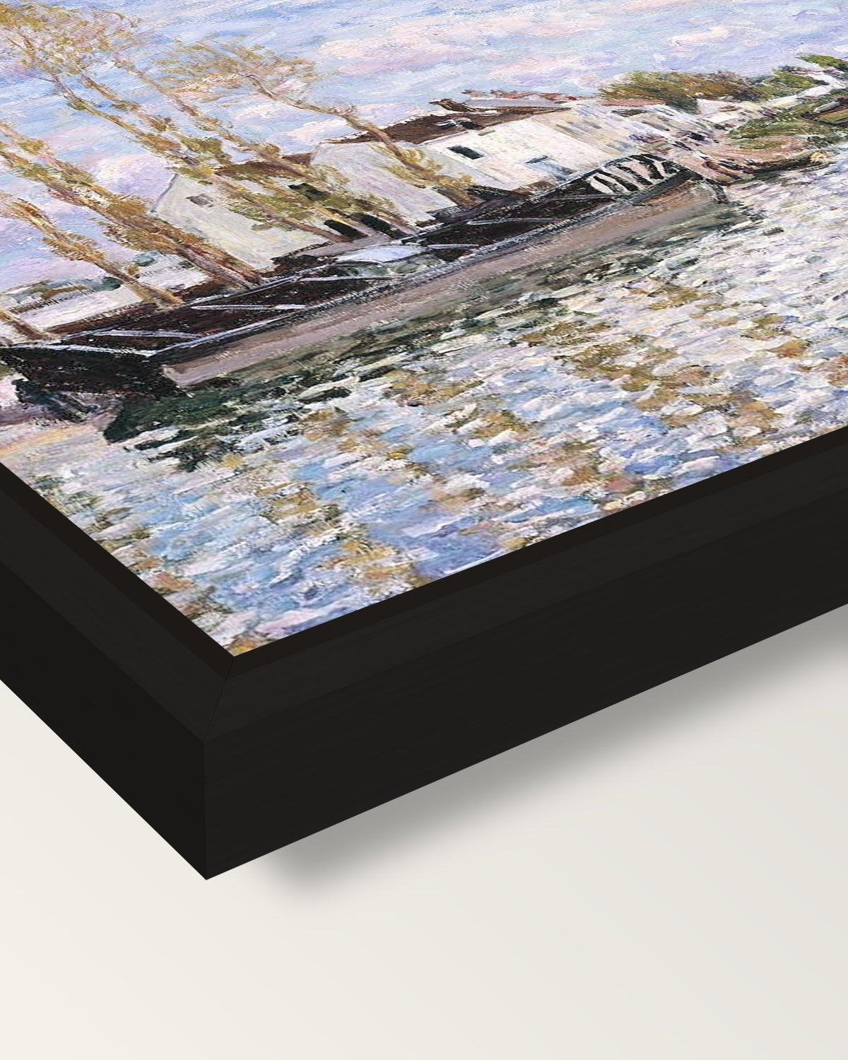 Loing at Saint-Mammès by Sisley framed canvas, corner close-up: a black floating frame with a shadow gap round the canvas