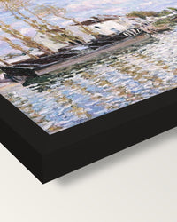 Loing at Saint-Mammès by Sisley framed print, corner close-up: black moulding, mitred, the print set just below its edge