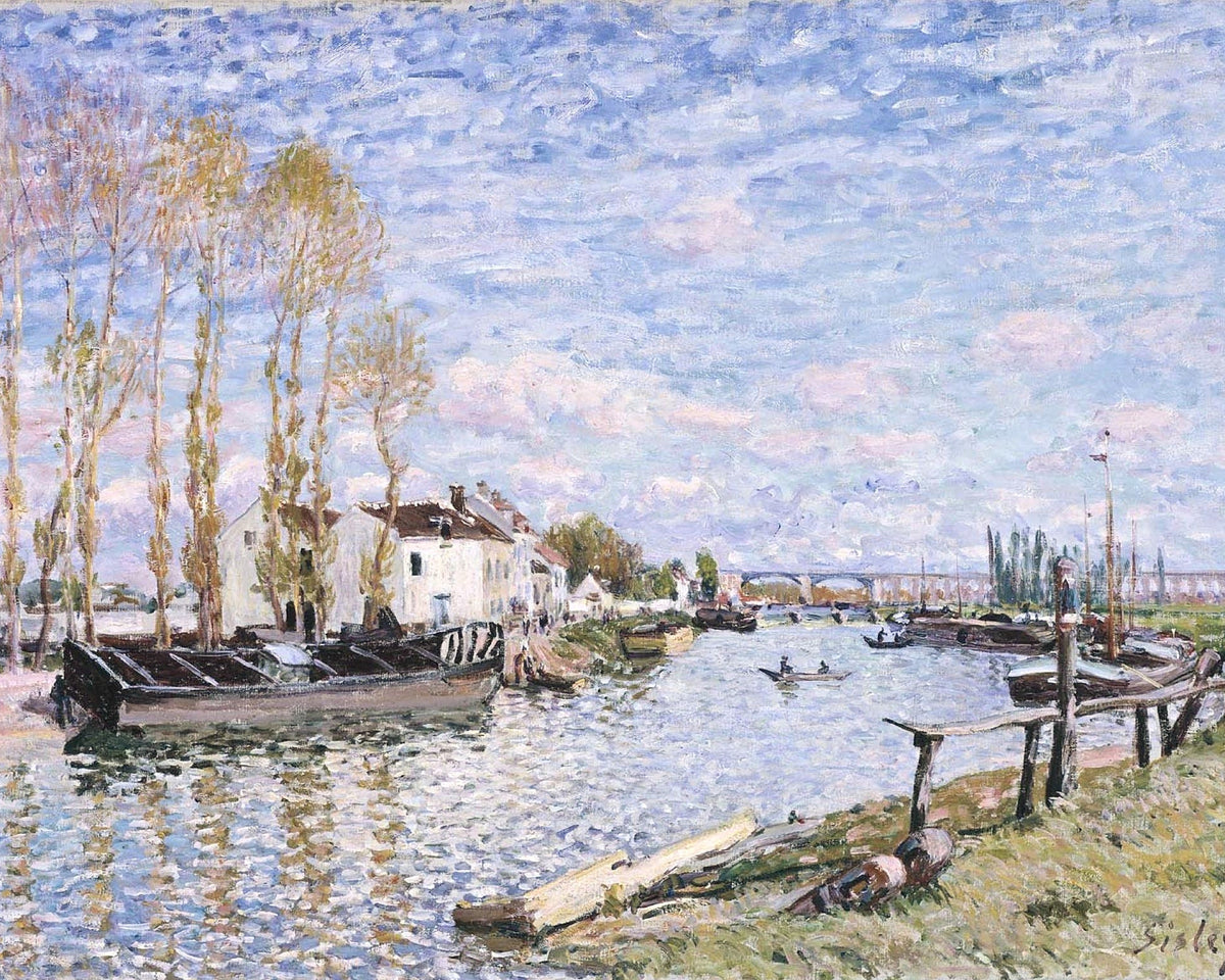 The Loing at Saint-Mammès by Sisley: a sunny river with barges and fishing boats, tall trees and a pink and blue sky
