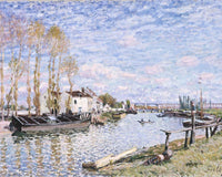 The Loing at Saint-Mammès by Sisley: a sunny river with barges and fishing boats, tall trees and a pink and blue sky