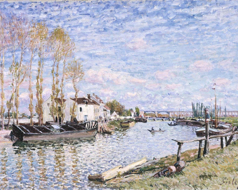 The Loing at Saint-Mammès by Sisley: a sunny river with barges and fishing boats, tall trees and a pink and blue sky