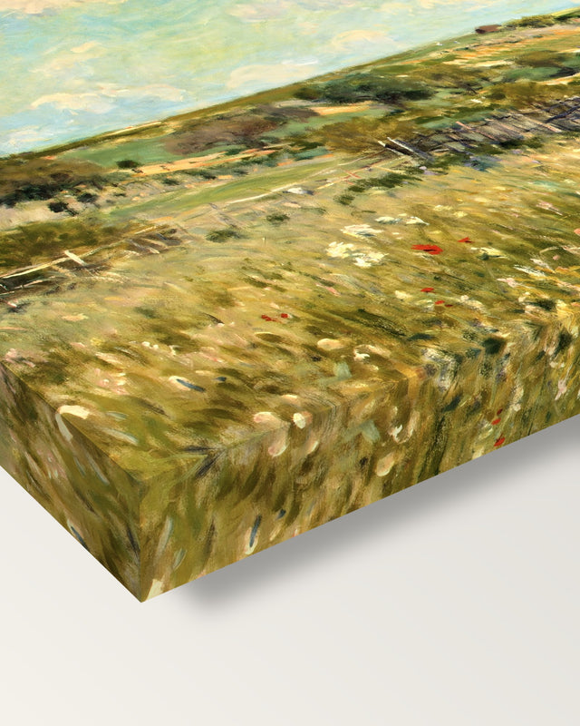 The Meadow by Alfred Sisley on stretched canvas, corner close-up: the painting mirror-wrapped round the sides