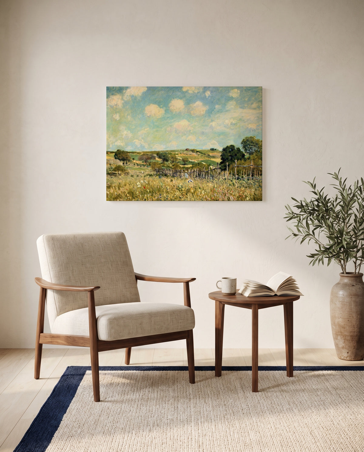 The Meadow by Alfred Sisley as a stretched canvas above a linen lounge chair in a reading corner