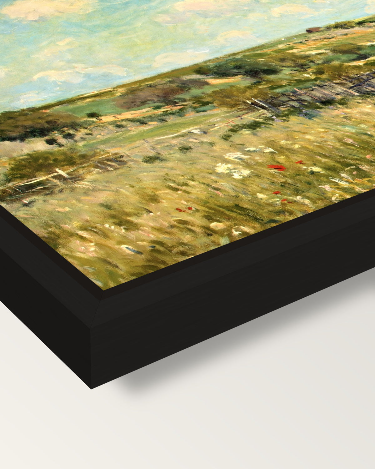 The Meadow by Alfred Sisley framed canvas, corner close-up: a black floating frame with a shadow gap round the canvas