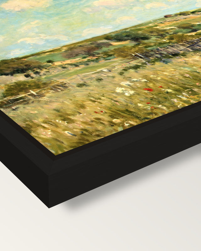 The Meadow by Alfred Sisley framed canvas, corner close-up: a black floating frame with a shadow gap round the canvas