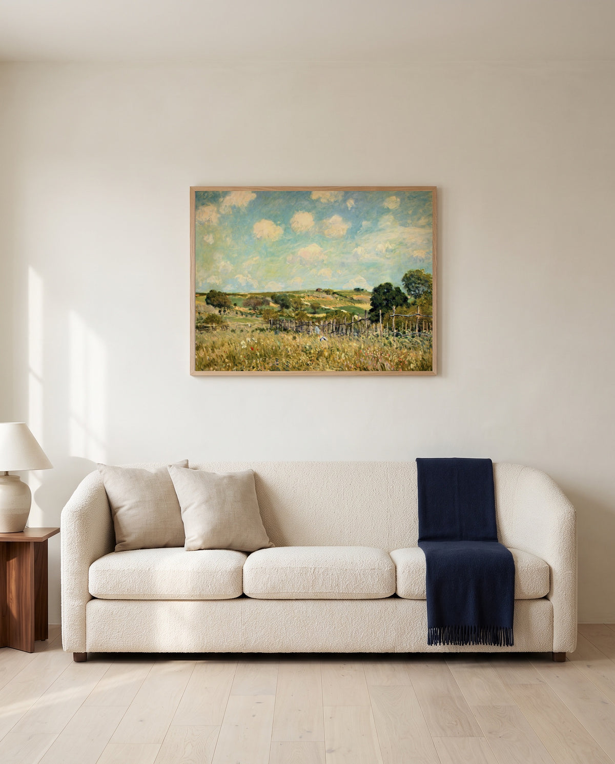 The Meadow by Alfred Sisley framed in natural oak above a cream sofa in a warm living room