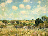 The Meadow by Alfred Sisley: two little girls in a flowering meadow by a wooden fence, trees and fields, blue sky