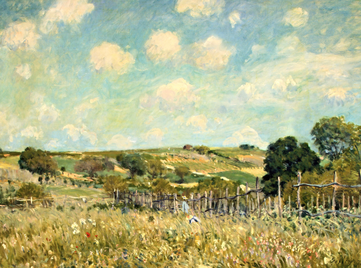 The Meadow by Alfred Sisley: two little girls in a flowering meadow by a wooden fence, trees and fields, blue sky