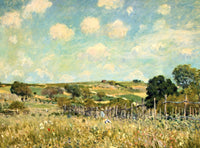 The Meadow by Alfred Sisley: two little girls in a flowering meadow by a wooden fence, trees and fields, blue sky