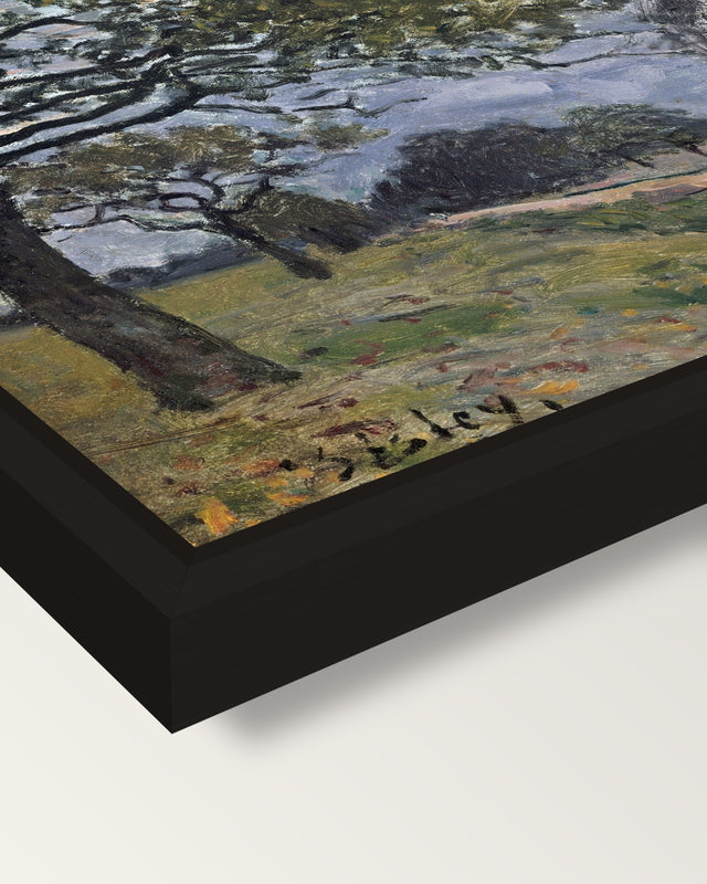 Road to Louveciennes by Sisley framed canvas, corner close-up: a black floating frame with a shadow gap round the canvas