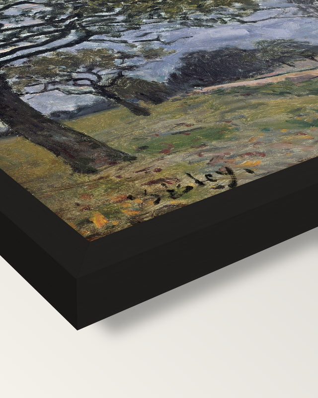 Road to Louveciennes by Sisley framed print, corner close-up: black moulding, mitred, the print set just below its edge