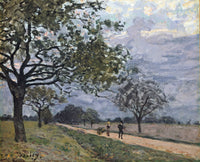 The Road from Versailles to Louveciennes by Sisley: a country road with a large tree, small figures and a grey cloudy sky
