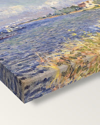 Seine at Billancourt by Alfred Sisley on stretched canvas, corner close-up: the painting mirror-wrapped round the sides