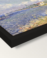 Seine at Billancourt by Sisley framed canvas, corner close-up: a black floating frame with a shadow gap round the canvas