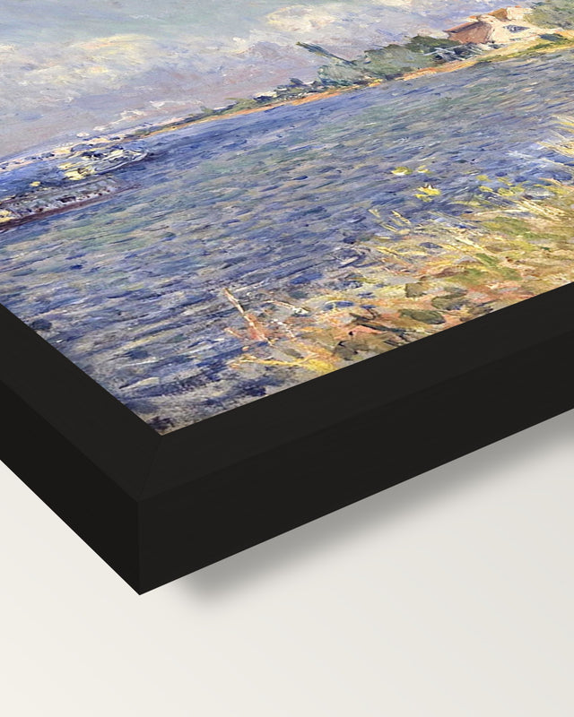 Seine at Billancourt by Sisley framed print, corner close-up: black moulding, mitred, the print set just below its edge