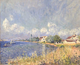 The Seine at Billancourt by Sisley: a wide river under a big sky of white clouds, houses and trees on the far bank, reeds