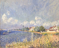 The Seine at Billancourt by Sisley: a wide river under a big sky of white clouds, houses and trees on the far bank, reeds