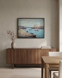 The Seine at Port-Marly by Alfred Sisley in a black frame above a walnut sideboard in a dining room