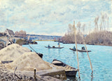 The Seine at Port-Marly by Sisley: piles of ochre sand on the quay, men dredging from a barge on the turquoise Seine
